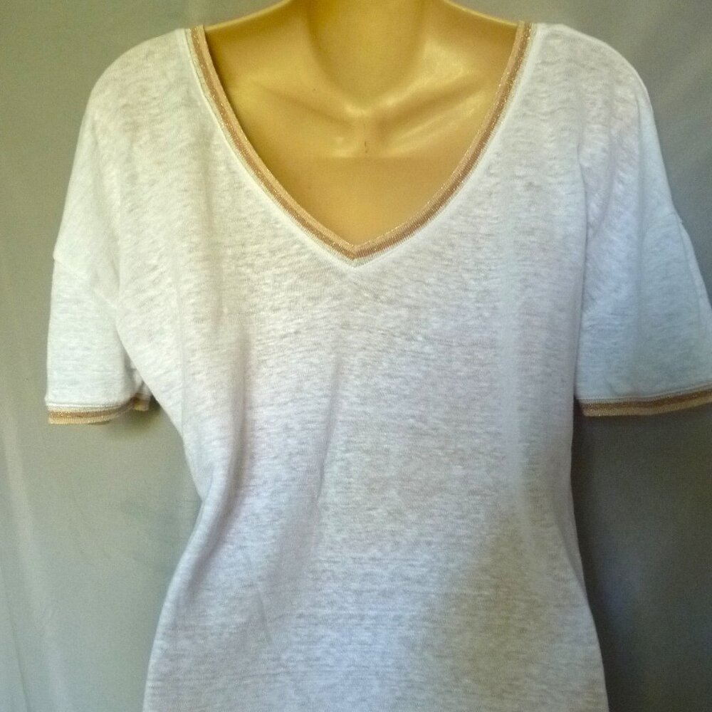 Etam white linen lurex trim v-neck t shirt S